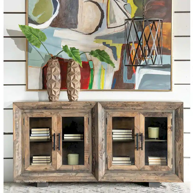 4 Door Natural Reclaimed Wood With Plain Glass Sideboard