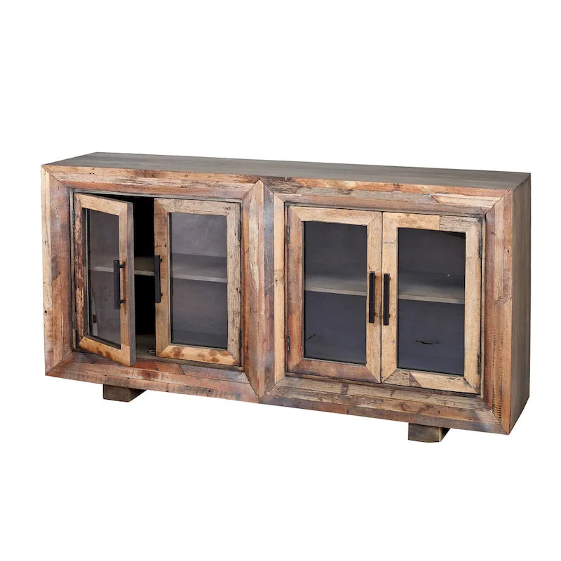 4 Door Natural Reclaimed Wood With Plain Glass Sideboard
