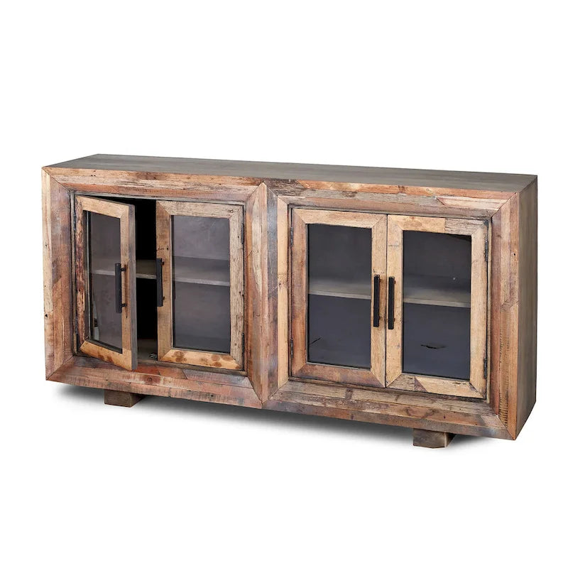 4 Door Natural Reclaimed Wood With Plain Glass Sideboard