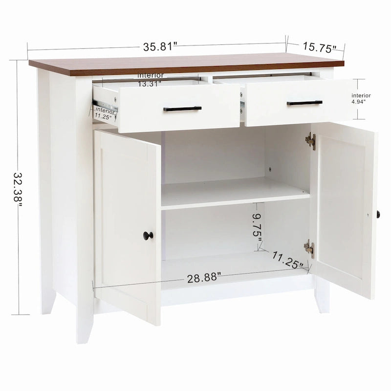 White Wood 2-Drawer 2-Door Sideboard Storage Cabinet - 32.83 H x 35.81 W x 15.75 D