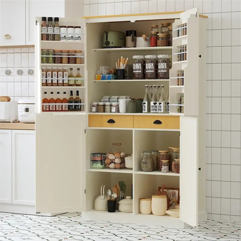 Freestanding Kitchen Pantry w/ Drawer, Adjustable Shelves,Door Shelves