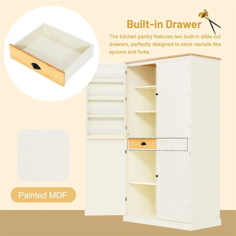 Freestanding Kitchen Pantry w/ Drawer, Adjustable Shelves,Door Shelves