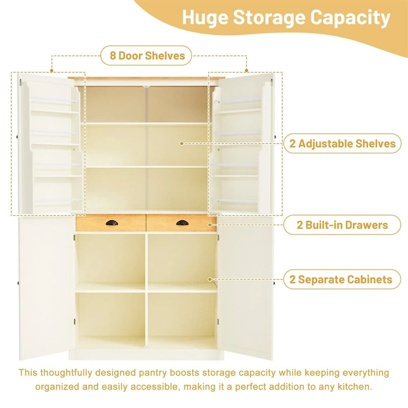 Freestanding Kitchen Pantry w/ Drawer, Adjustable Shelves,Door Shelves