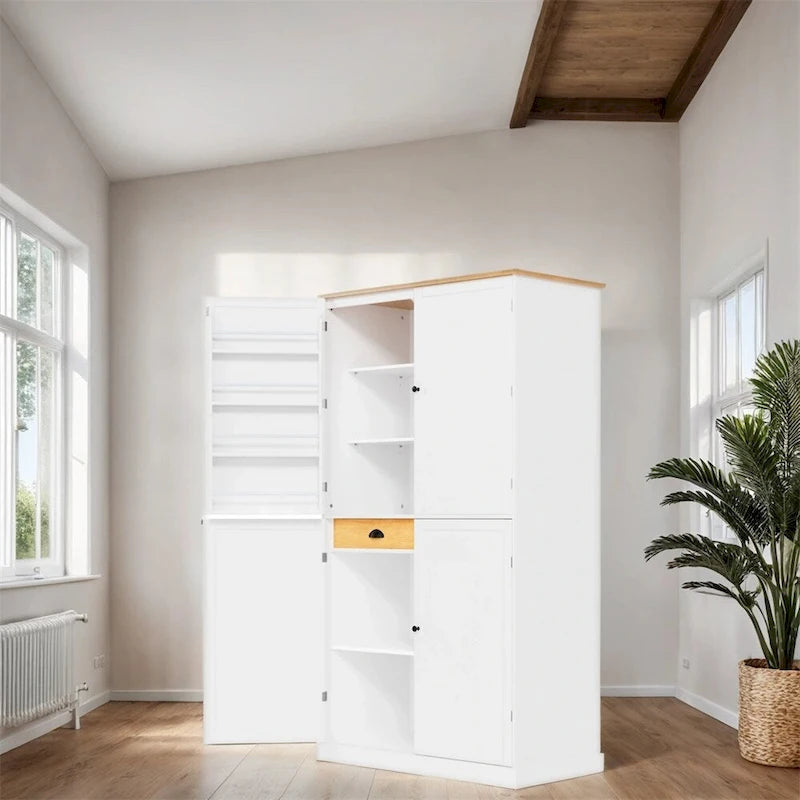 Freestanding Kitchen Pantry w/ Drawer, Adjustable Shelves,Door Shelves