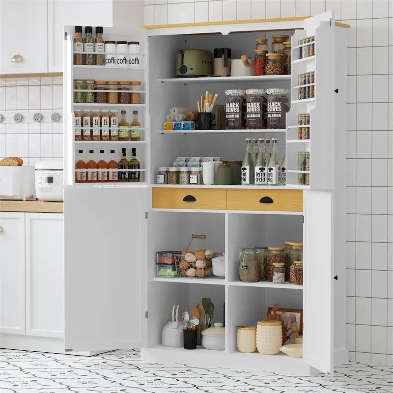 Freestanding Kitchen Pantry w/ Drawer, Adjustable Shelves,Door Shelves