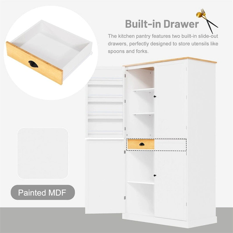 Freestanding Kitchen Pantry w/ Drawer, Adjustable Shelves,Door Shelves