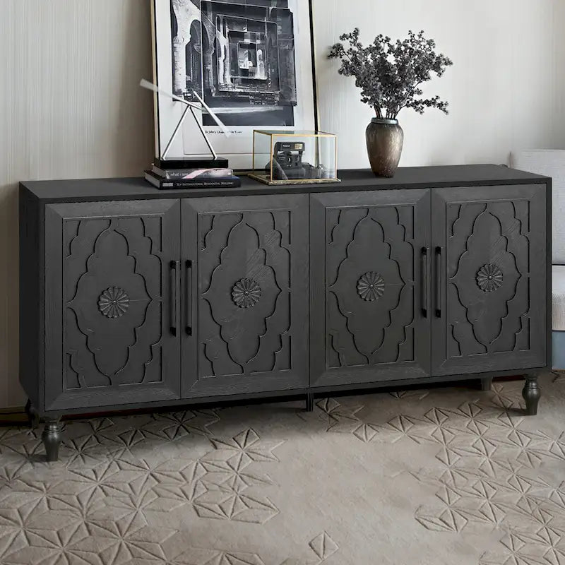 Carved Flower Door Large Storage Cabinet With Metal Handle Suitable For Living Room, Kitchen, Entryway