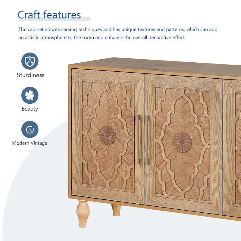 Carved Flower Door Large Storage Cabinet With Metal Handle Suitable For Living Room, Kitchen, Entryway