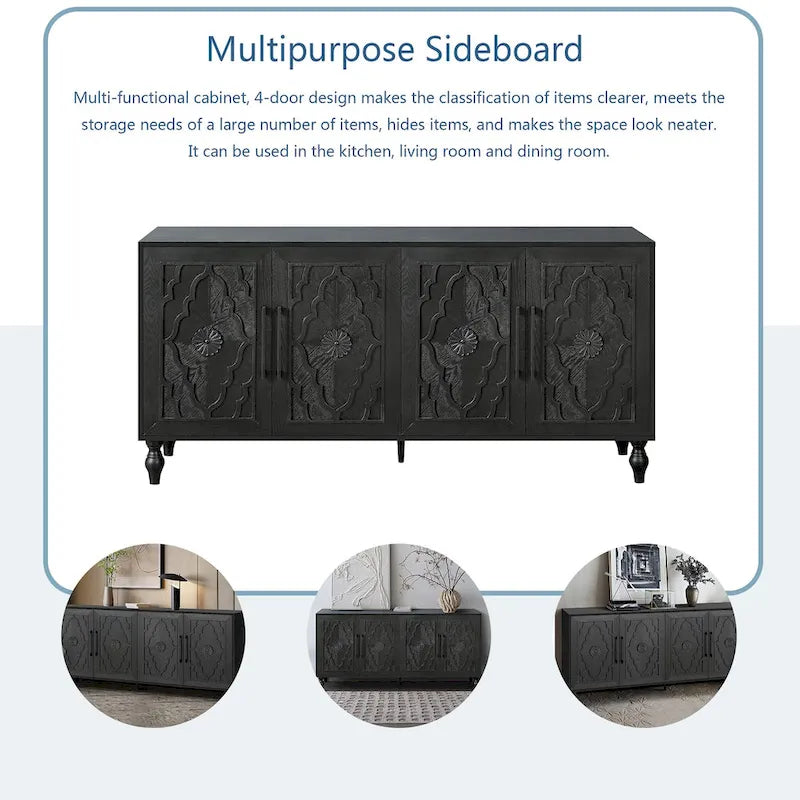 Carved Flower Door Large Storage Cabinet With Metal Handle Suitable For Living Room, Kitchen, Entryway