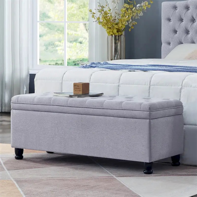 Upholstered Tufted Button Storage Bench with Spindle Wooden Legs