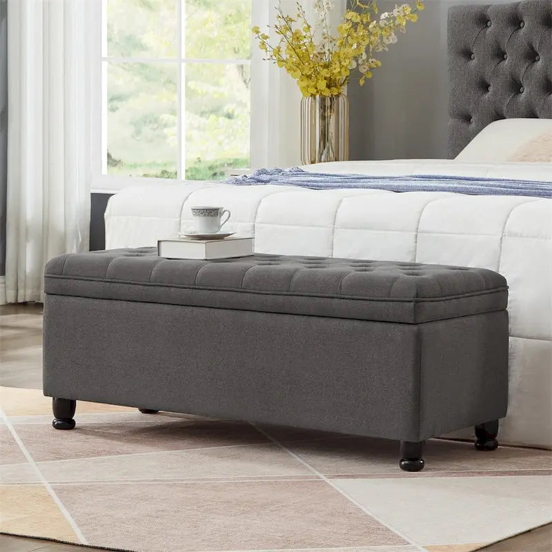 Upholstered Tufted Button Storage Bench with Spindle Wooden Legs