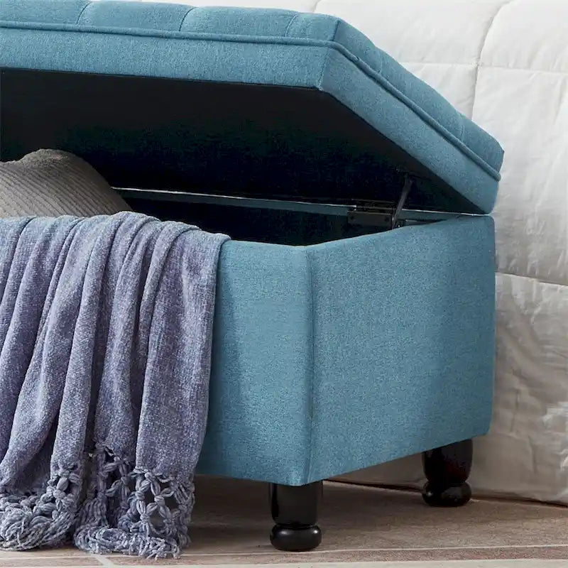 Upholstered Tufted Button Storage Bench with Spindle Wooden Legs