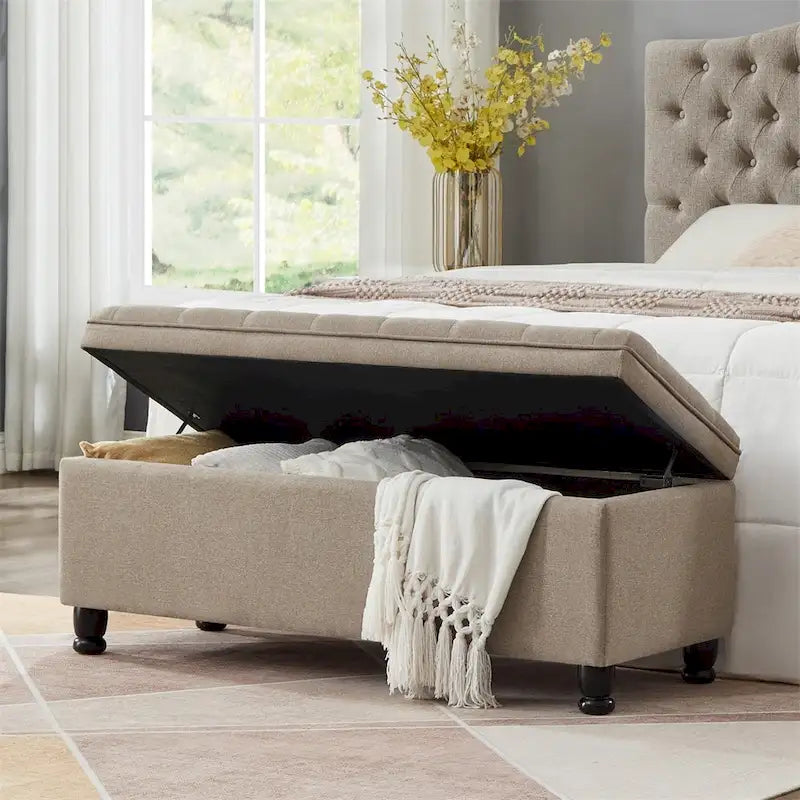 Upholstered Tufted Button Storage Bench with Spindle Wooden Legs