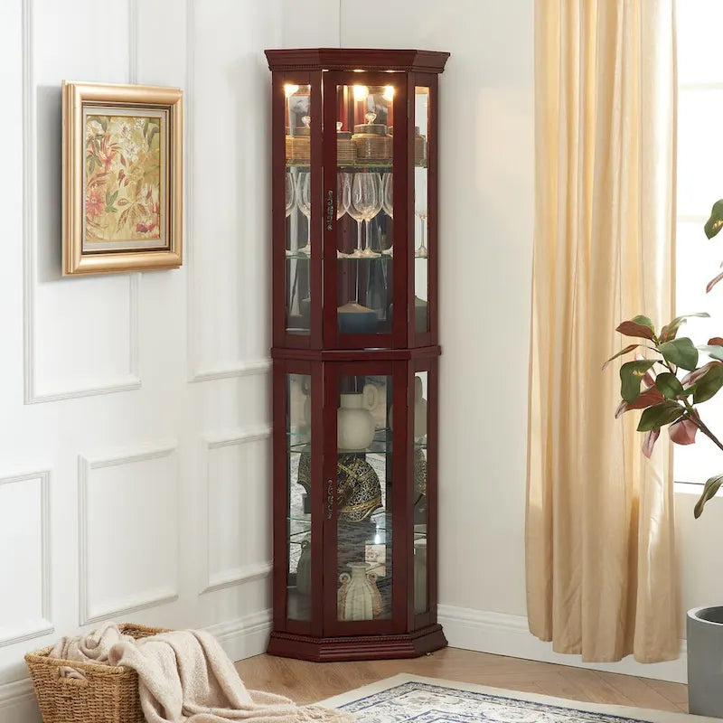 Corner Curio Cabinet with Lights, Adjustable Tempered Glass Shelves, Mirrored Back, Display Cabinet