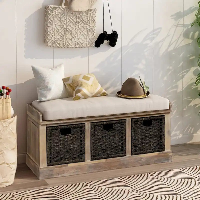 Entryway Bench with 3 Removable Rattan Baskets