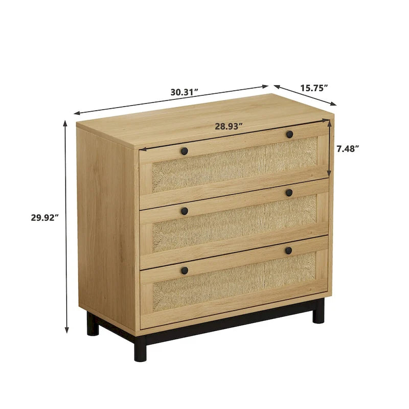 Modern Rattan Dresser, 30.31 3-Drawers Rattan Storage Cabinet, Dresser for Bedroom, Rope Woven Drawer, Chest of Rattan Drawers