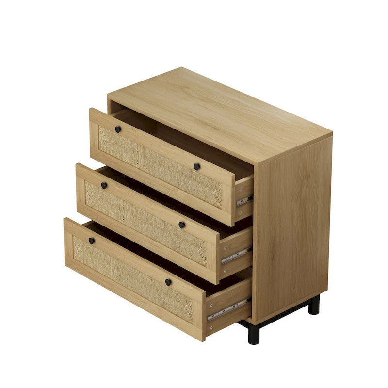 Modern Rattan Dresser, 30.31 3-Drawers Rattan Storage Cabinet, Dresser for Bedroom, Rope Woven Drawer, Chest of Rattan Drawers
