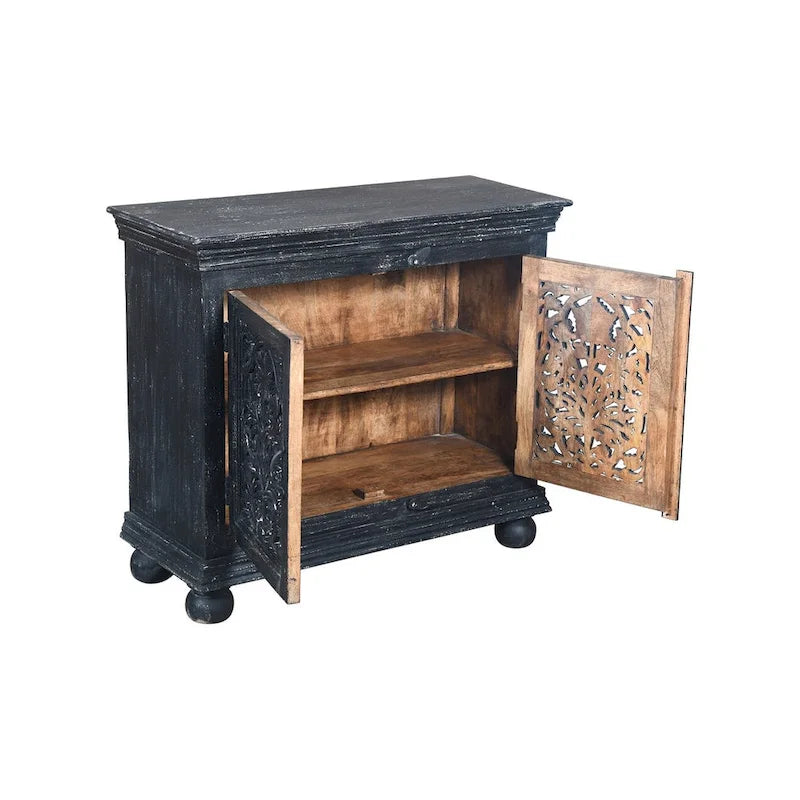 Black Hand carved 2 Door Accent Cabinet