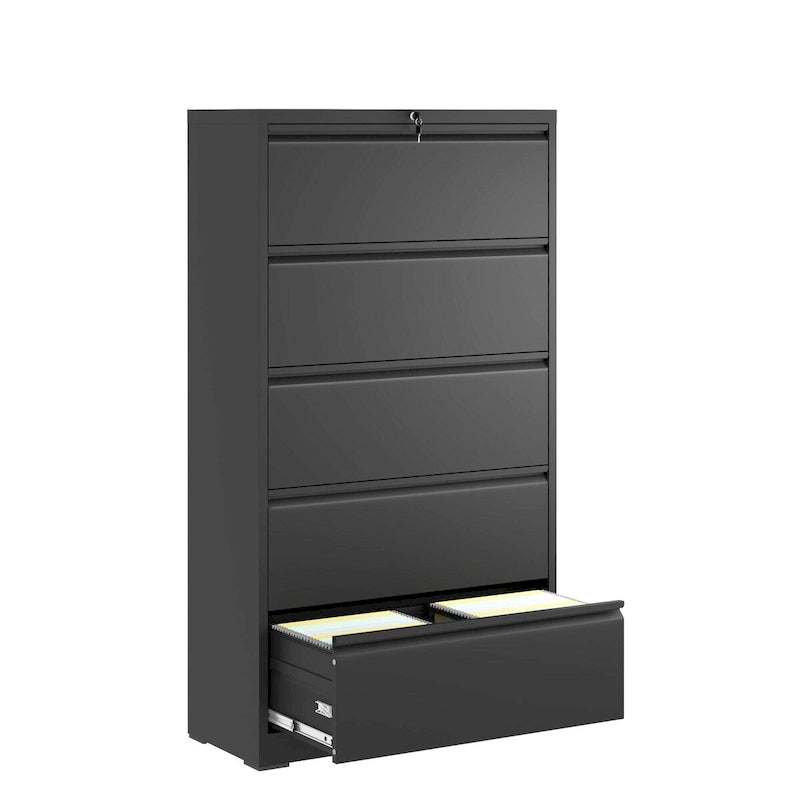 5 Drawer Metal Lateral File Cabinet,Black Filing Cabinet with Lock, Lockable File Cabinet for Home Office