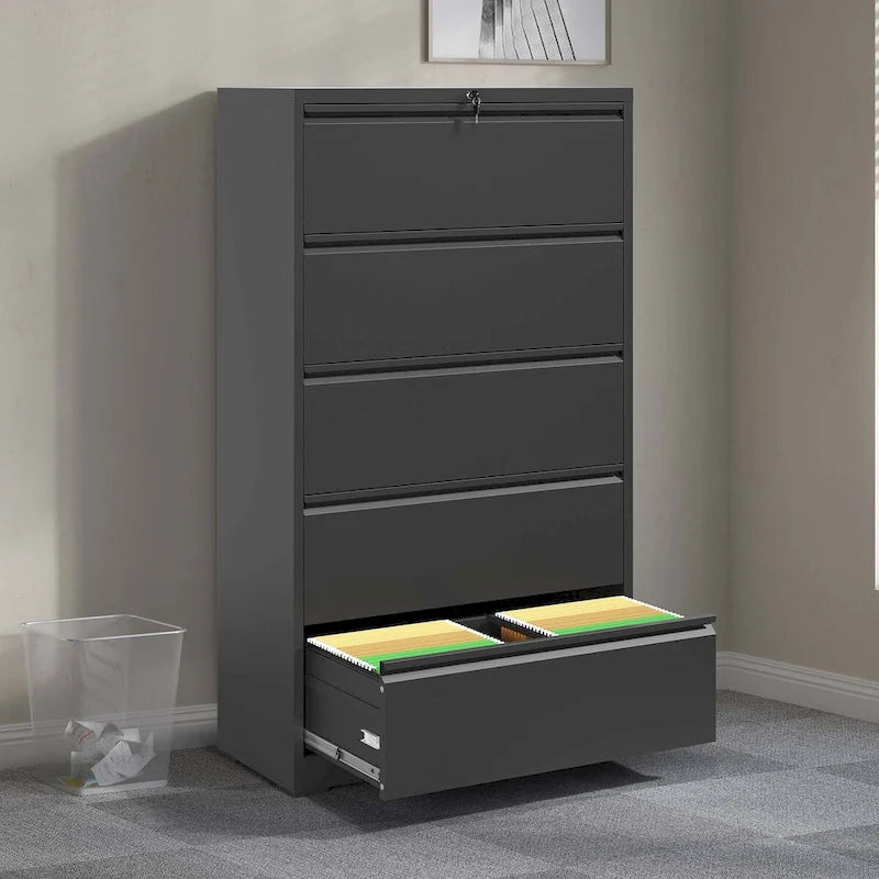 5 Drawer Metal Lateral File Cabinet,Black Filing Cabinet with Lock, Lockable File Cabinet for Home Office