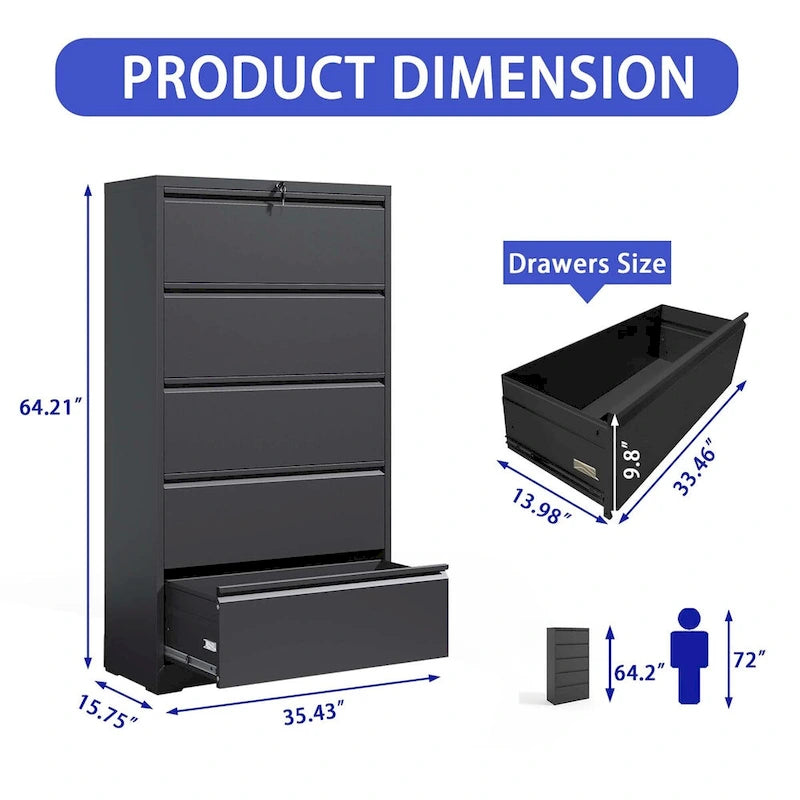 5 Drawer Metal Lateral File Cabinet,Black Filing Cabinet with Lock, Lockable File Cabinet for Home Office