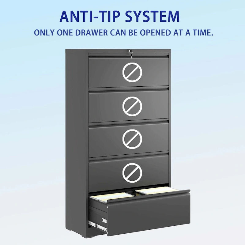 5 Drawer Metal Lateral File Cabinet,Black Filing Cabinet with Lock, Lockable File Cabinet for Home Office