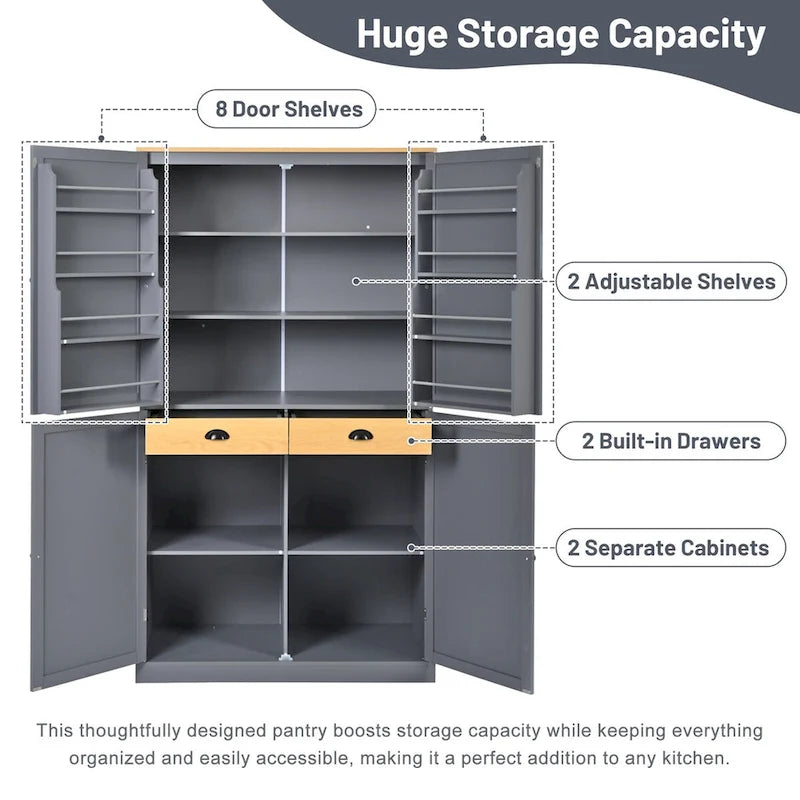 40.2x20x71.3inch High Freestanding Kitchen Pantry Cupboard Storage Cabinet with 2 Drawers,2 Adjustable Shelves,8 Door Shelves