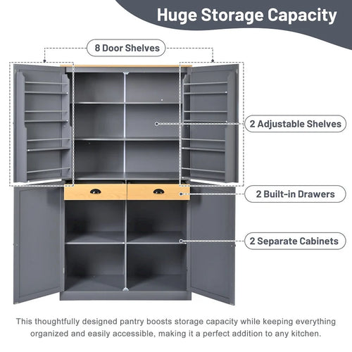 40.2x20x71.3inch High Freestanding Kitchen Pantry Cupboard Storage Cabinet with 2 Drawers,2 Adjustable Shelves,8 Door Shelves
