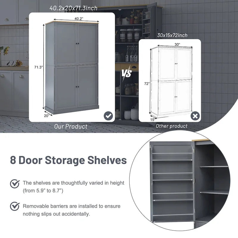 40.2x20x71.3inch High Freestanding Kitchen Pantry Cupboard Storage Cabinet with 2 Drawers,2 Adjustable Shelves,8 Door Shelves