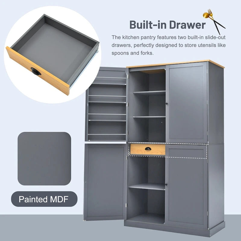 40.2x20x71.3inch High Freestanding Kitchen Pantry Cupboard Storage Cabinet with 2 Drawers,2 Adjustable Shelves,8 Door Shelves