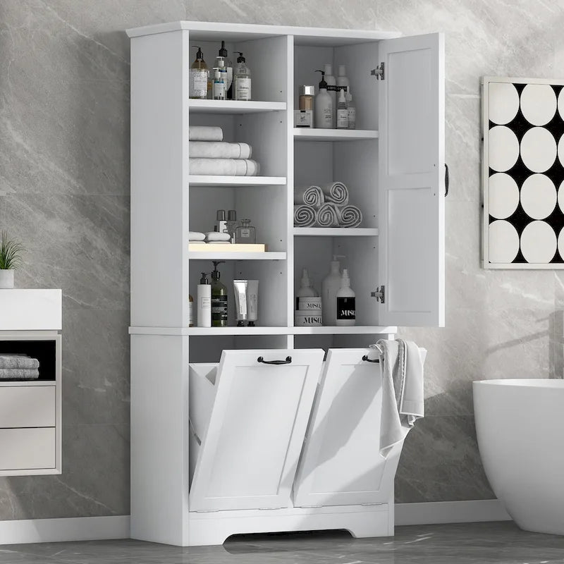 Bathroom Storage Cabinet with Drawers, Tilt-Out Laundry Hamper, Multiple Storage Space, Open Shelve, Adjustable Shelf