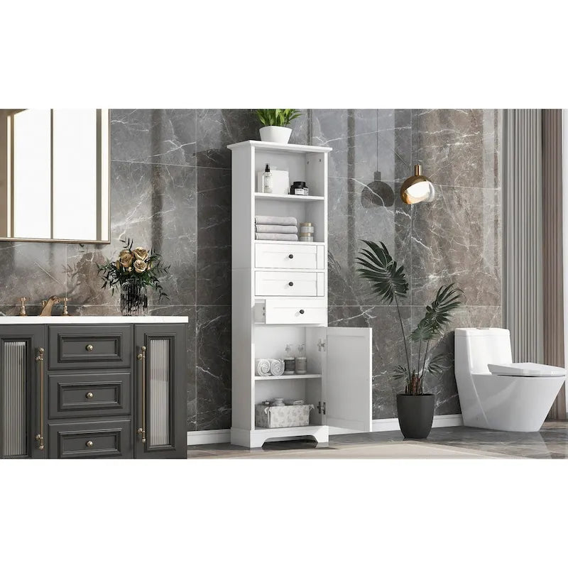 Tall Storage Cabinet with 3 Drawers and Adjustable Shelves