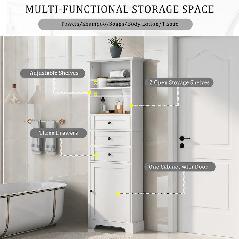 Tall Storage Cabinet with 3 Drawers and Adjustable Shelves