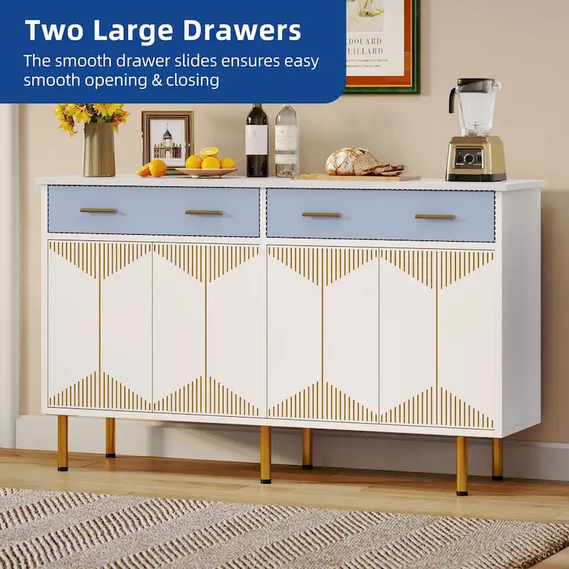 55 Sideboard Buffet Cabinets with 2 Large Drawer Kitchen Storage Cabinets, Wood Coffee Bar Tables